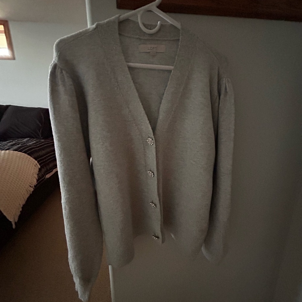 LOFT Light Gray V-Neck Button Cardigan with Crystal Buttons